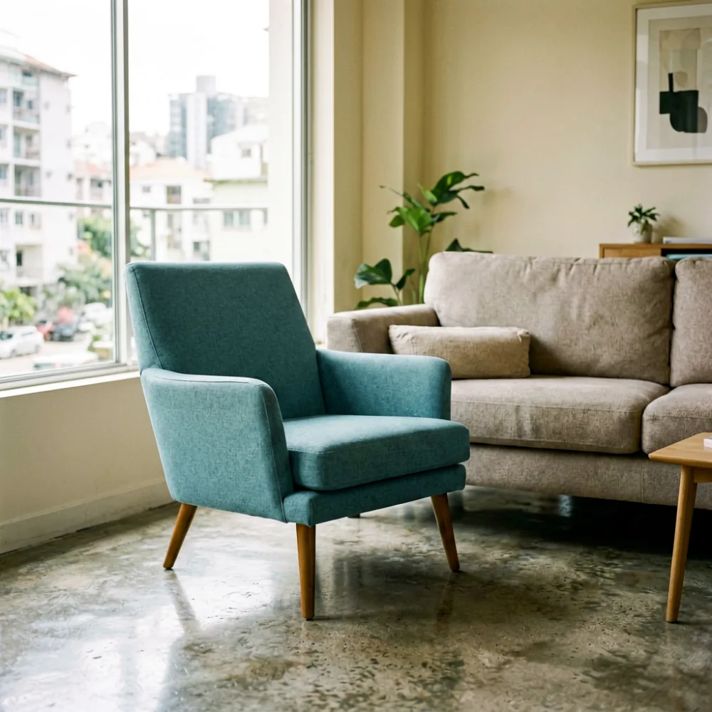 Teal accent chair in a bright HDB living room beside a neutral sofa