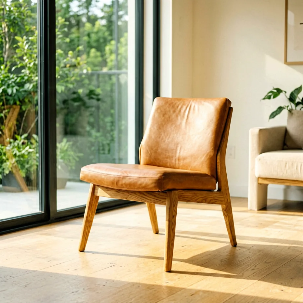 Tan leather solid wood accent chair with splayed legs in a minimalist condo