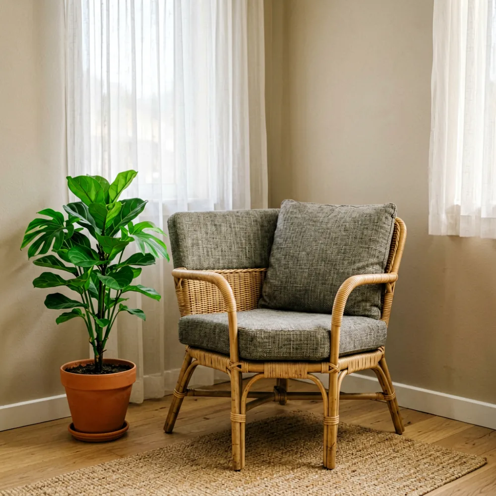Rattan and fabric accent chair in a small HDB reading nook with natural light